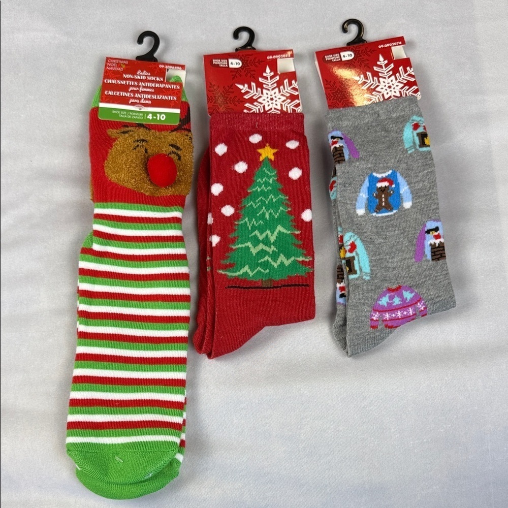 Holiday Themed 3 Socks Set Rudolf, Christmas Tree, Ugly Christmas Sweater Women